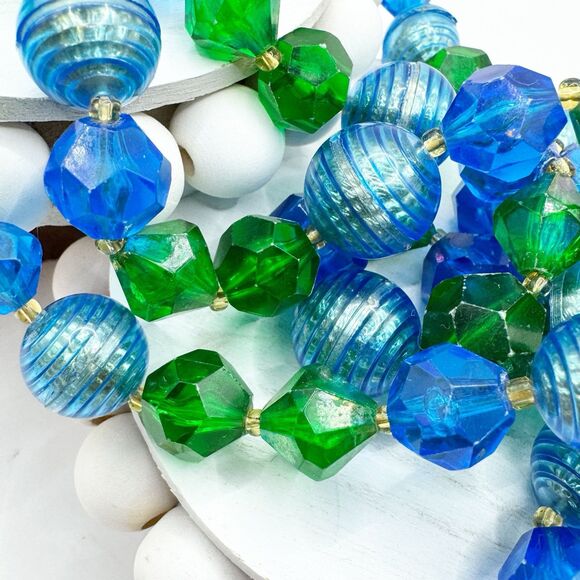 West Germany Vintage Blue Green Lucite Faceted Beaded Necklace 2 Strand MCM - Picture 15 of 16